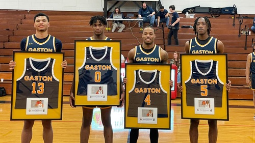 Jaylen Bates (13), Zavion Jackson (0), Damon Davis (4) and Kalil Camara (5) were honored on Gaston College's "Sophomore Day" to end the 2021-22 basketball season.
