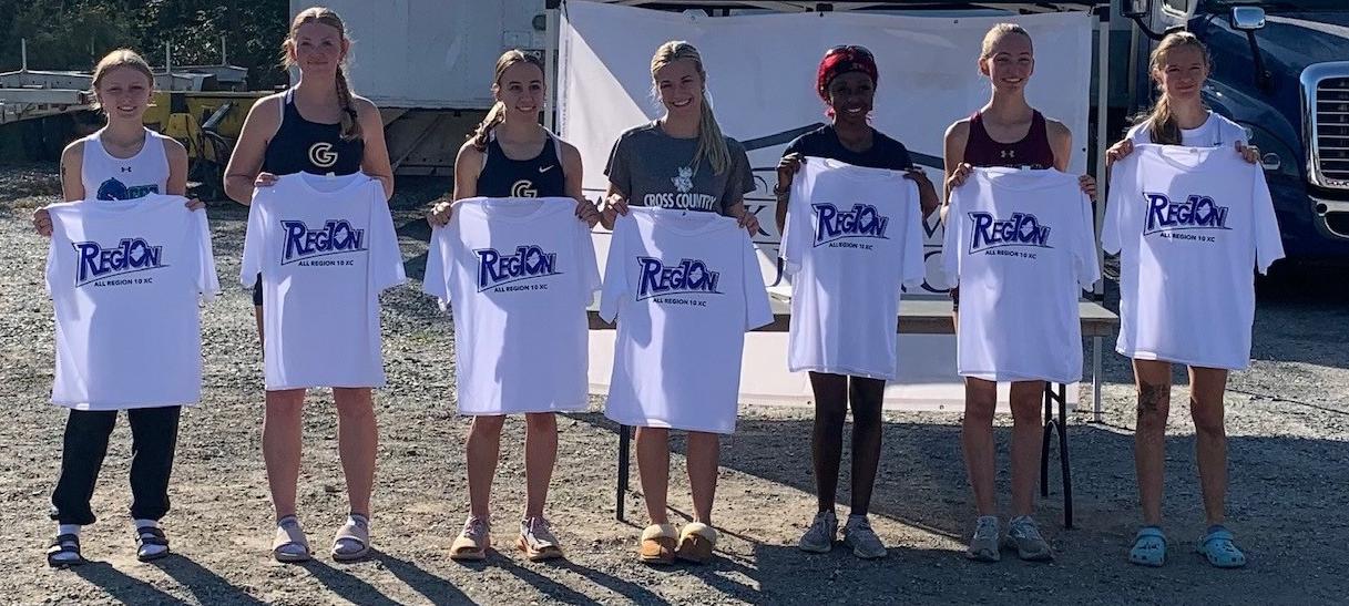 Gaston College had four All-Region selections - Abbygale King (second from left), Maddie Frank (third from left), Lexi Birtwistle (middle) and Keirieonna Wilson (far right) in the Oct. 26 region championship meet in Shelby.