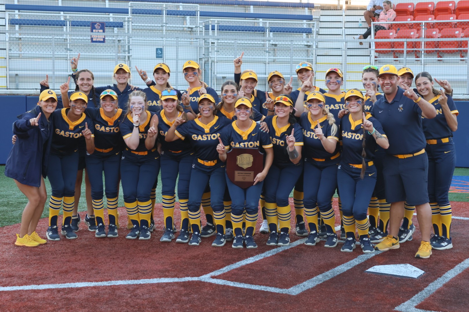 Gaston College celebrates its Mid-Atlantic District championship on Tuesday night in Rome, Ga.